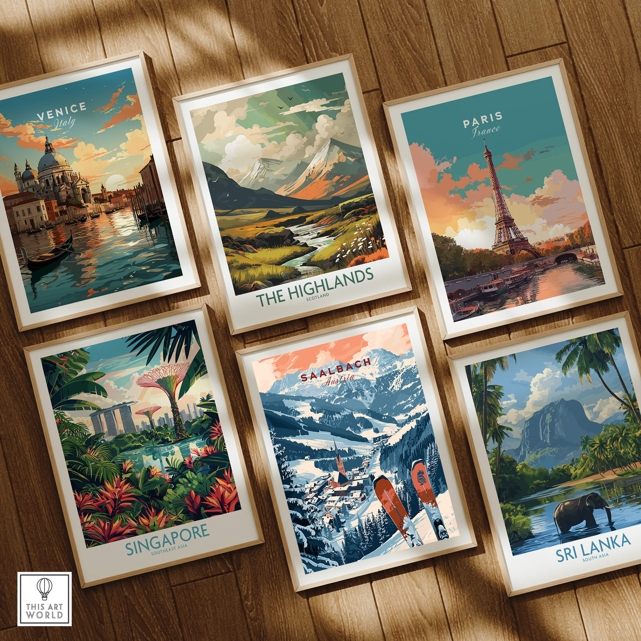 Saalbach Print Austria featured among travel posters of Venice, Paris, Singapore, The Highlands, and Sri Lanka.