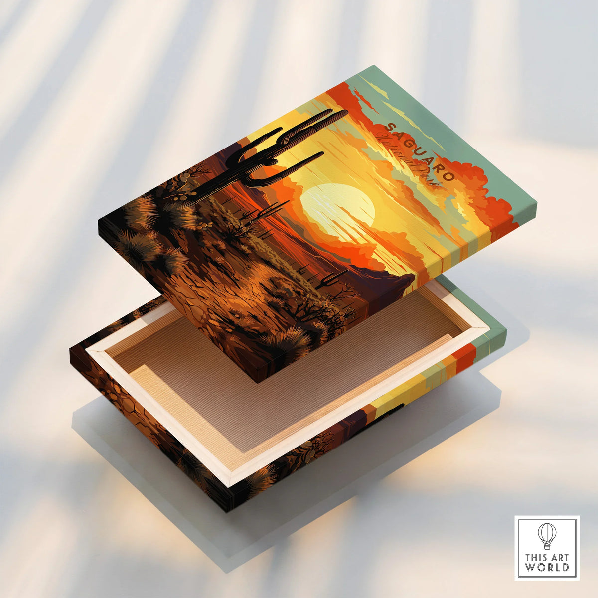 Saguaro National Park sunset desert art print on stretched canvas with floater frame detail.