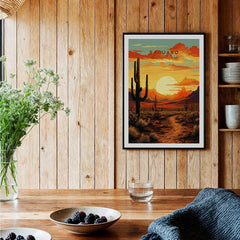 Saguaro National Park art print with desert sunset and cacti in a rustic kitchen setting