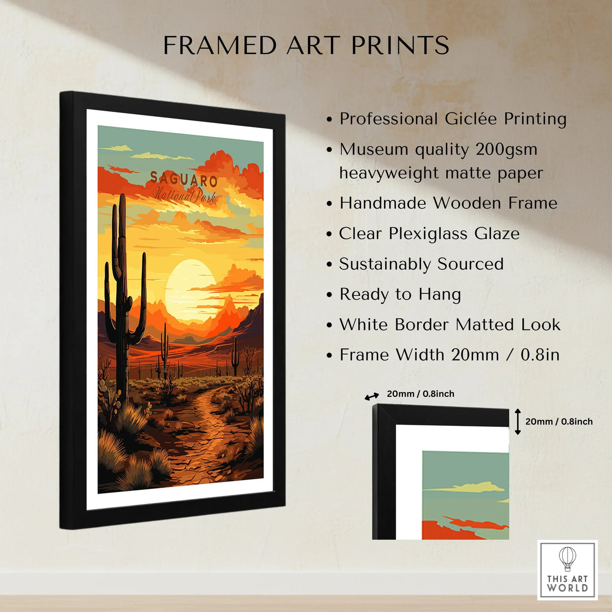 Framed Saguaro National Park travel poster print with desert landscape and sunset details