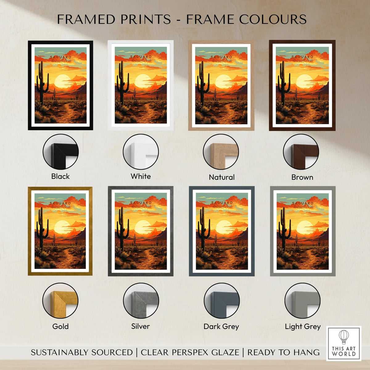 Saguaro National Park sunset print with desert landscape in eight frame color options.