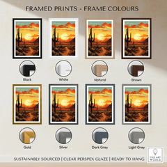 Saguaro National Park sunset print with desert landscape in eight frame color options.