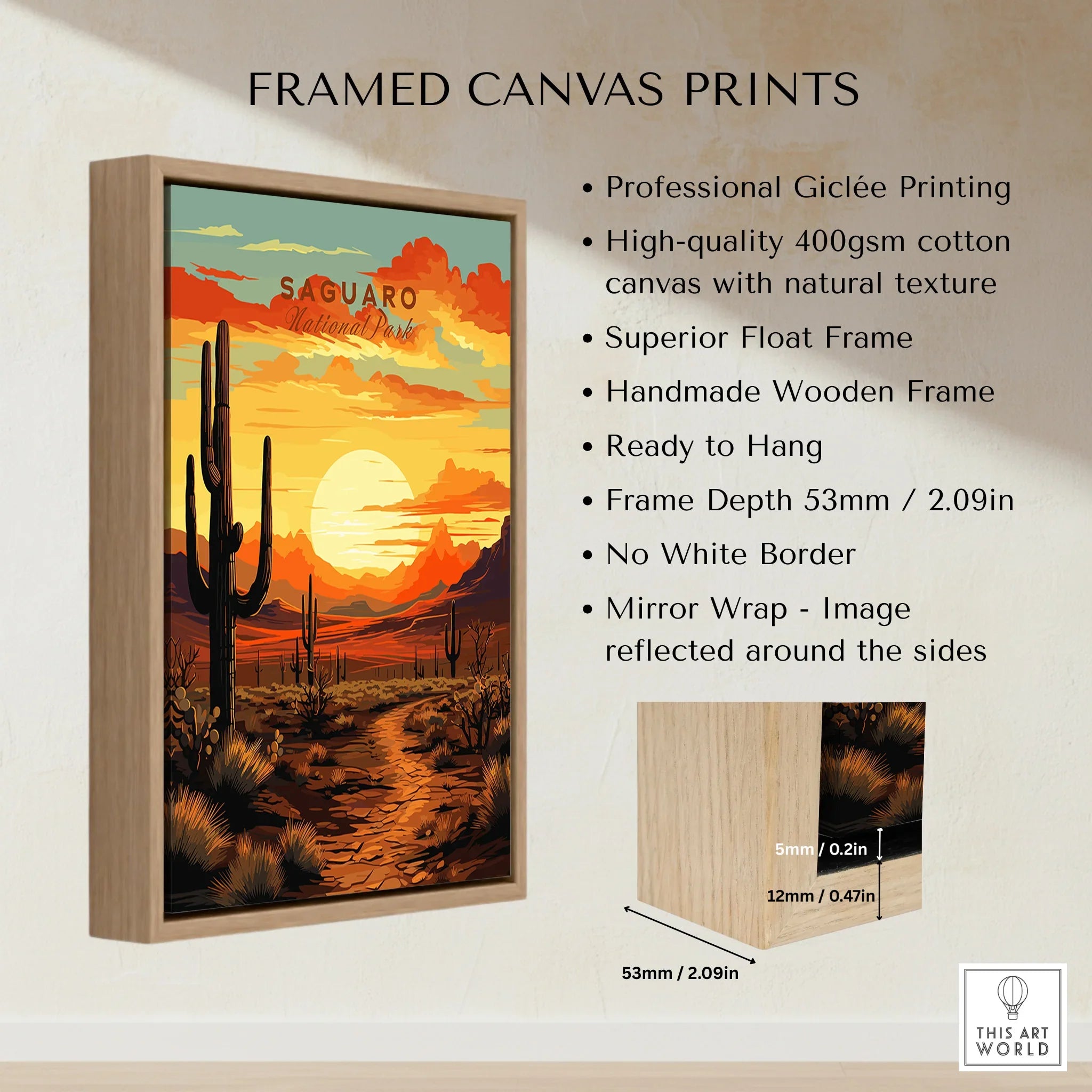 Saguaro National Park sunset travel poster in float frame, cactus desert wall art print.