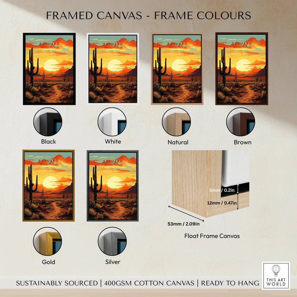 Saguaro National Park sunset art print in six frame color options, canvas wall art display.