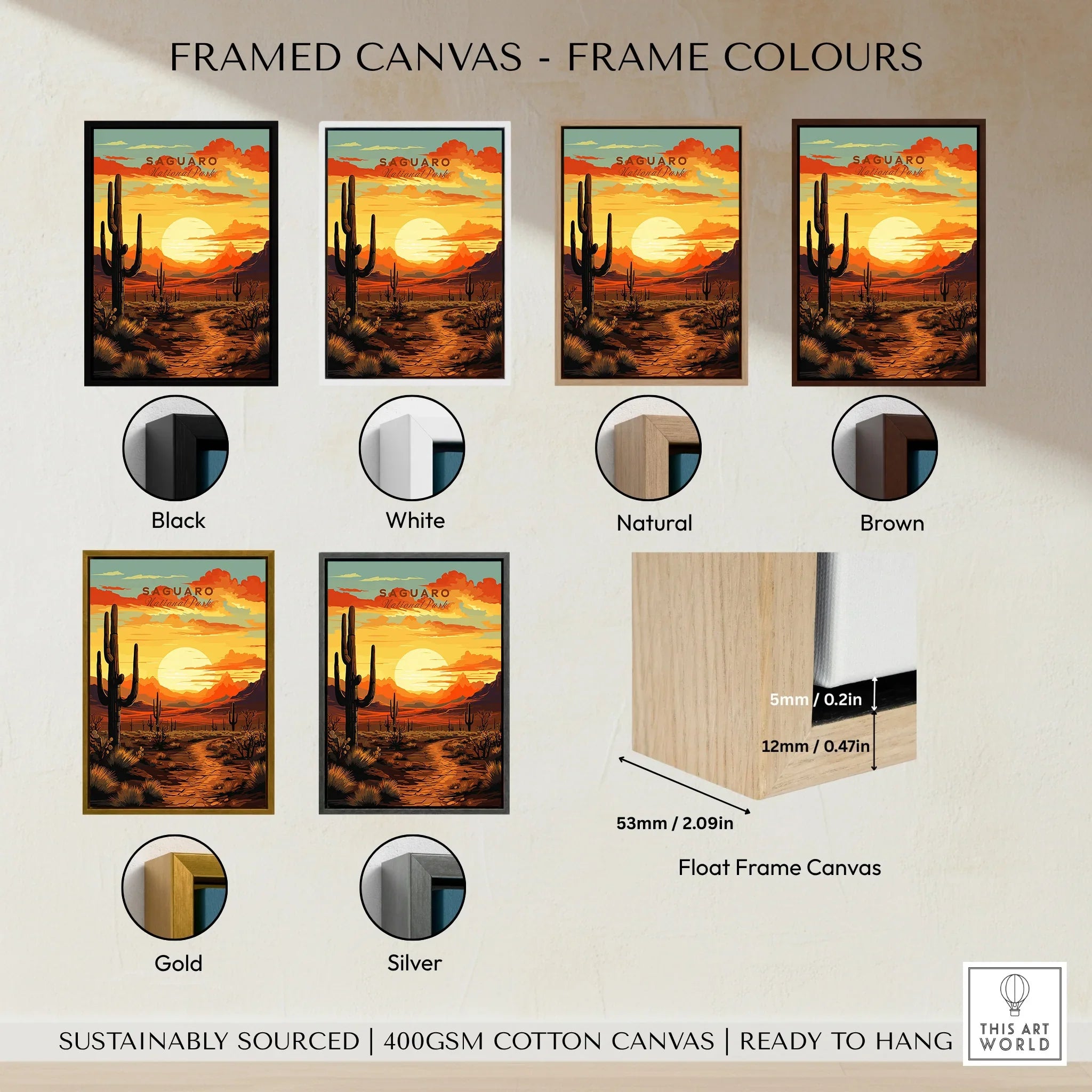 Saguaro National Park sunset art print in six frame color options, canvas wall art display.