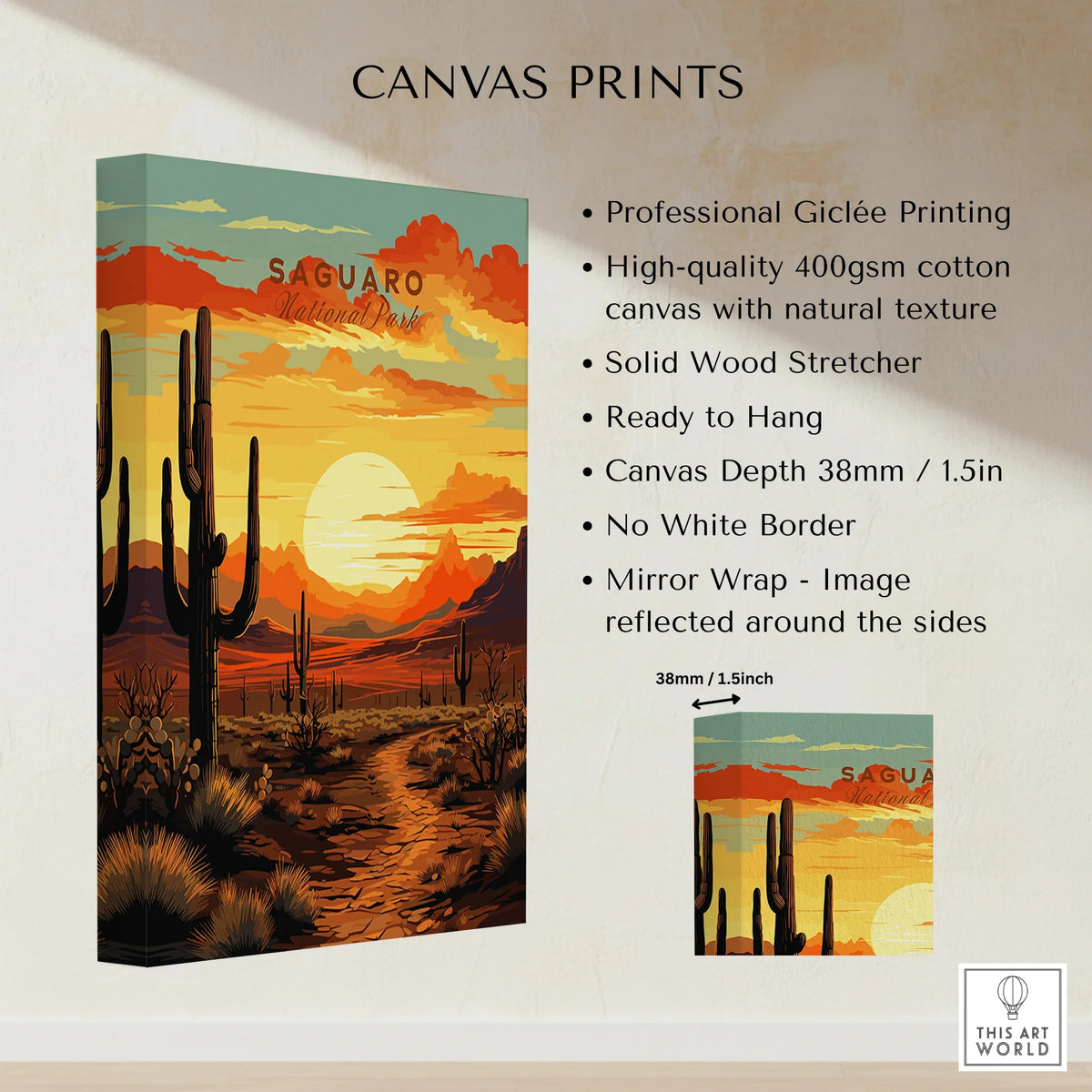 Saguaro National Park canvas print with desert sunset, cacti, and detailed product features.