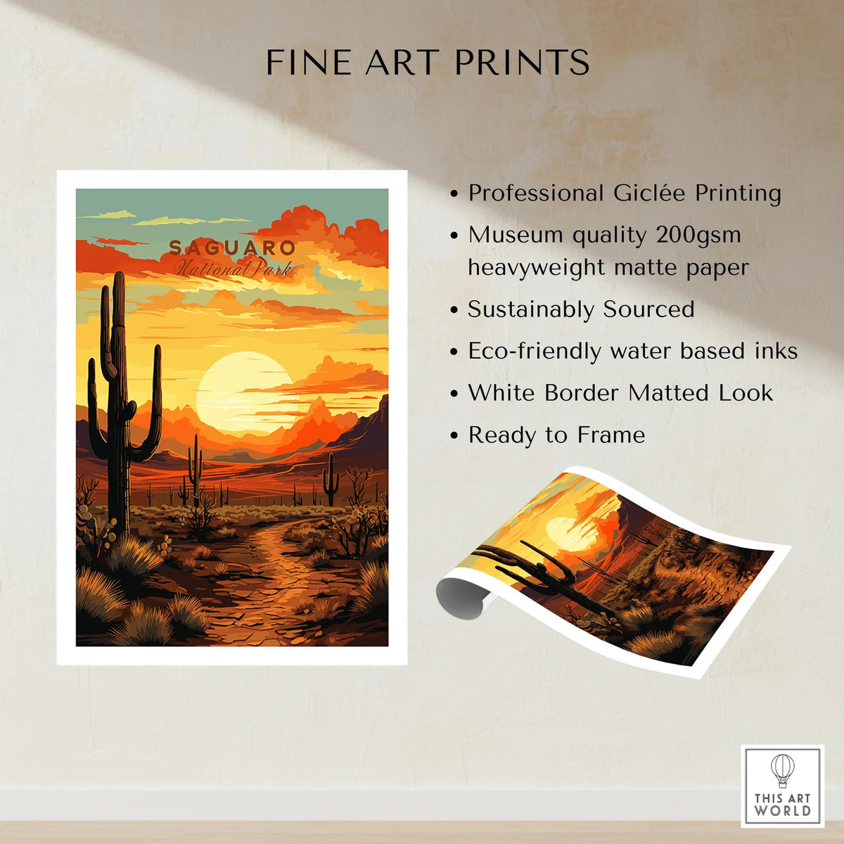 Saguaro National Park art print with sunset desert landscape and cacti, unframed wall decor
