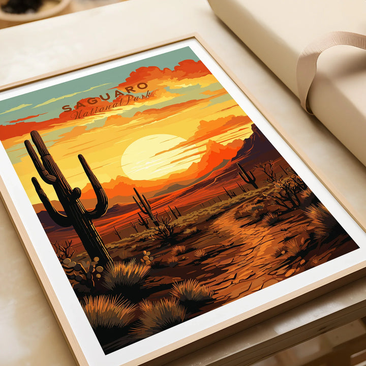 Framed Saguaro National Park art print with desert sunset, cacti, and vibrant landscape.