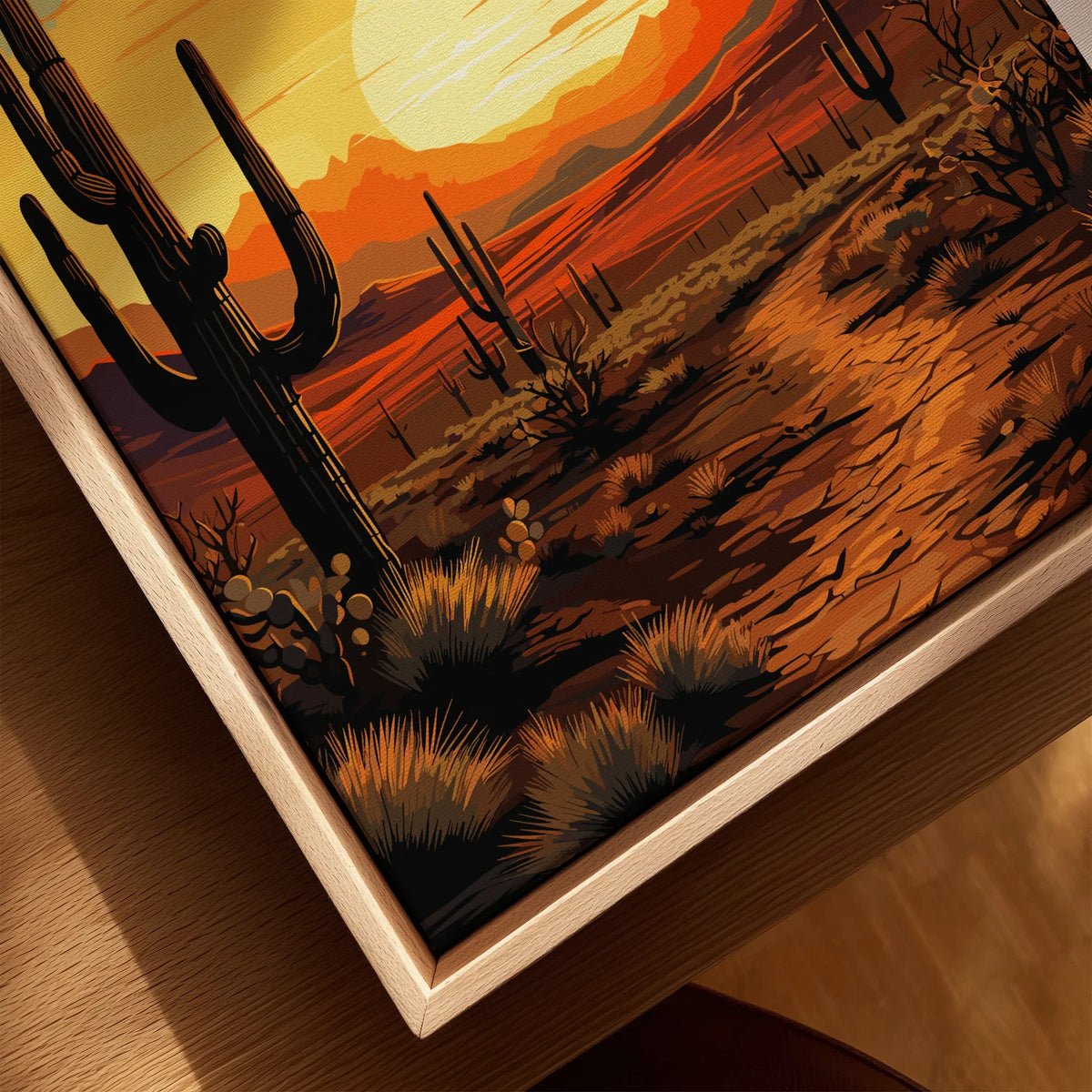 Framed canvas art print of Saguaro National Park desert landscape at sunset with cacti.