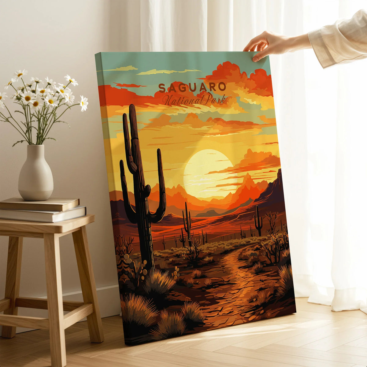 Saguaro National Park sunset canvas print with cacti, held in a bright modern room