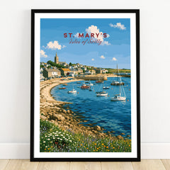 St Mary's Isles of Scilly Harbour Travel Poster — art print in black frame on wooden floor