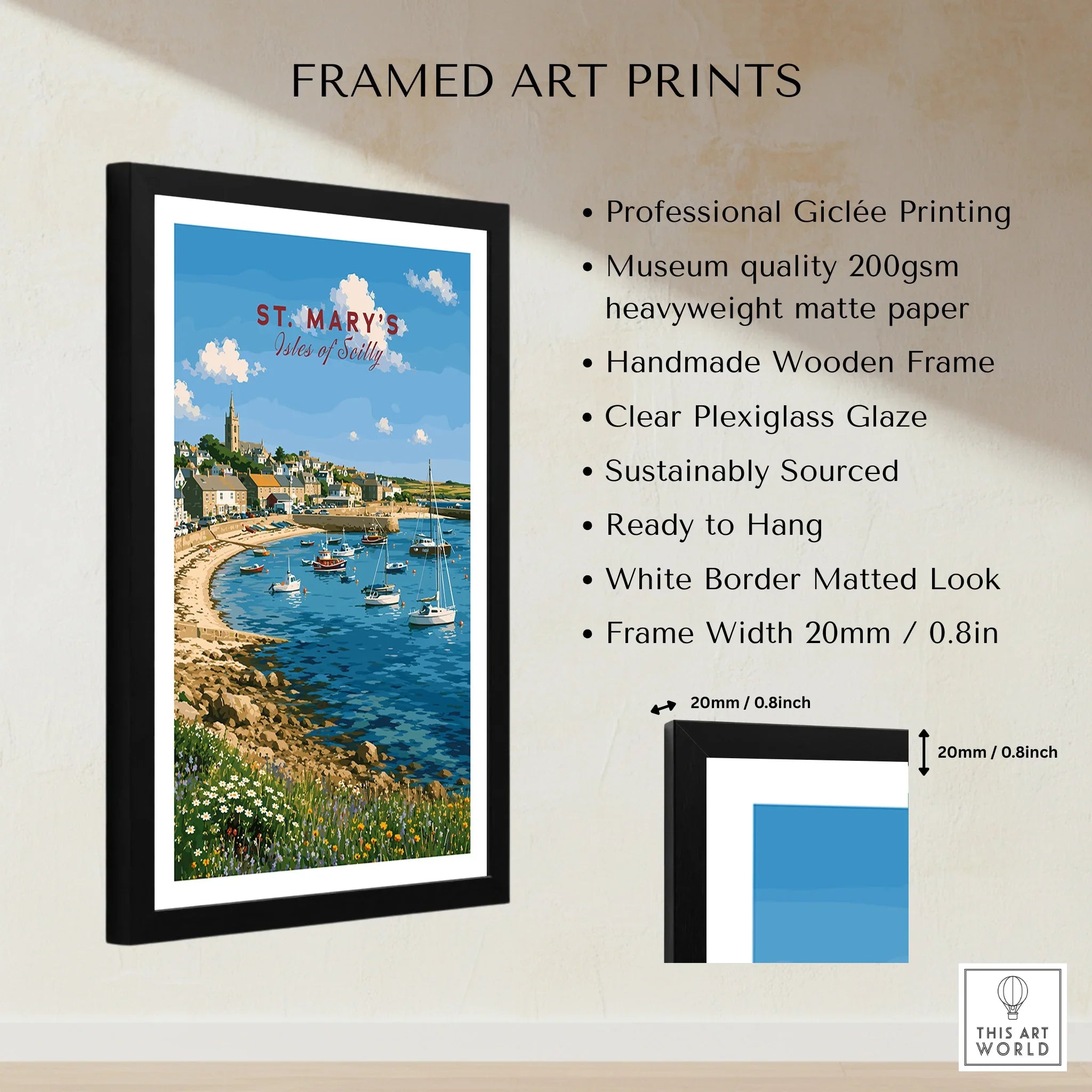 St Mary's Isles of Scilly Harbour Travel Poster — framed print details measurements quality details