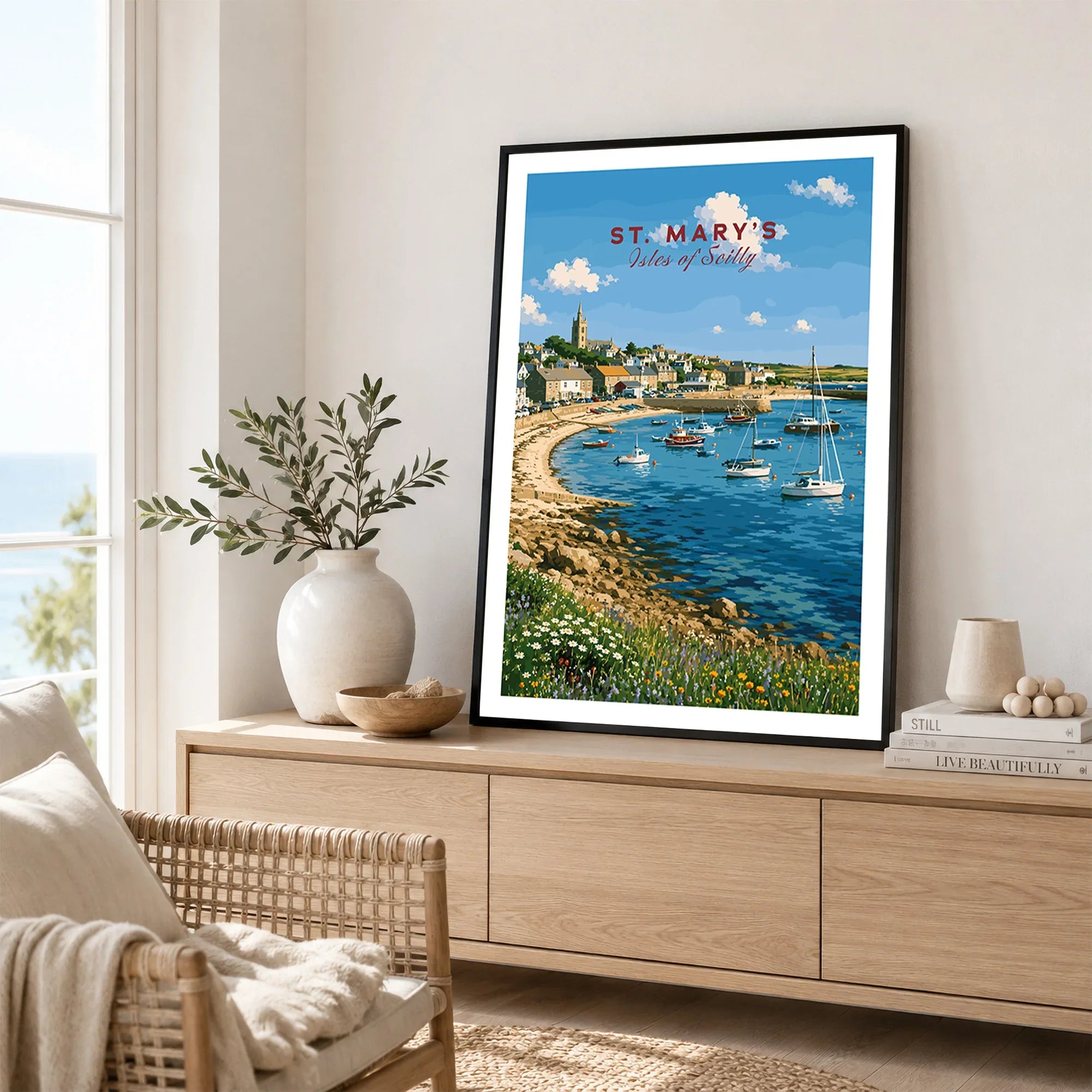 St Mary's Isles of Scilly Harbour Travel Poster — framed artwork living room lifestyle setting