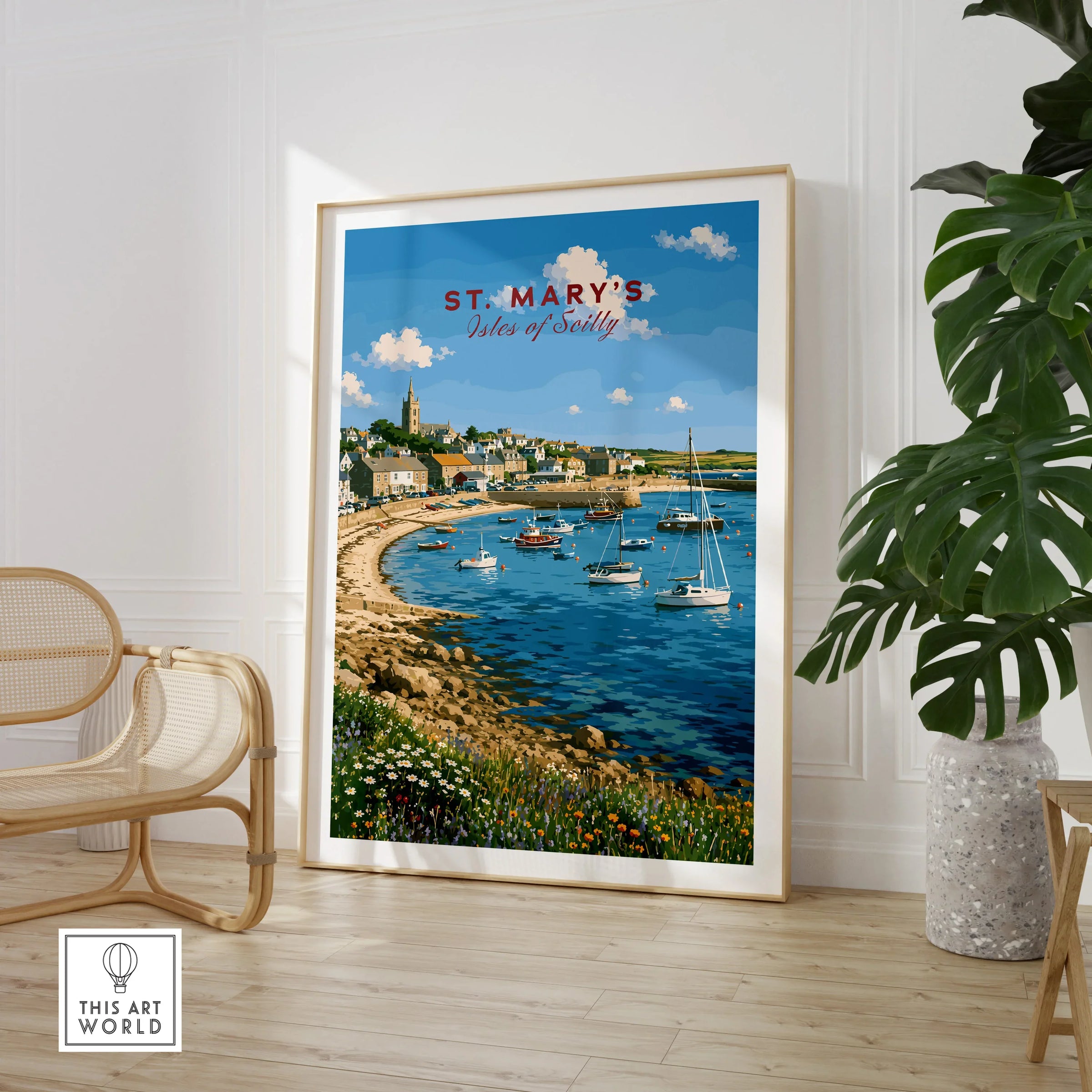 St Mary's Isles of Scilly Harbour Travel Poster — large framed print room setting chair plant