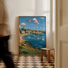 St Mary's Isles of Scilly Harbour Travel Poster — framed canvas on floor man walking past