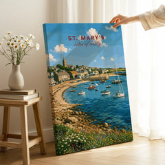 St Mary's Isles of Scilly Harbour Travel Poster — canvas print mirror edge hand holding room setting