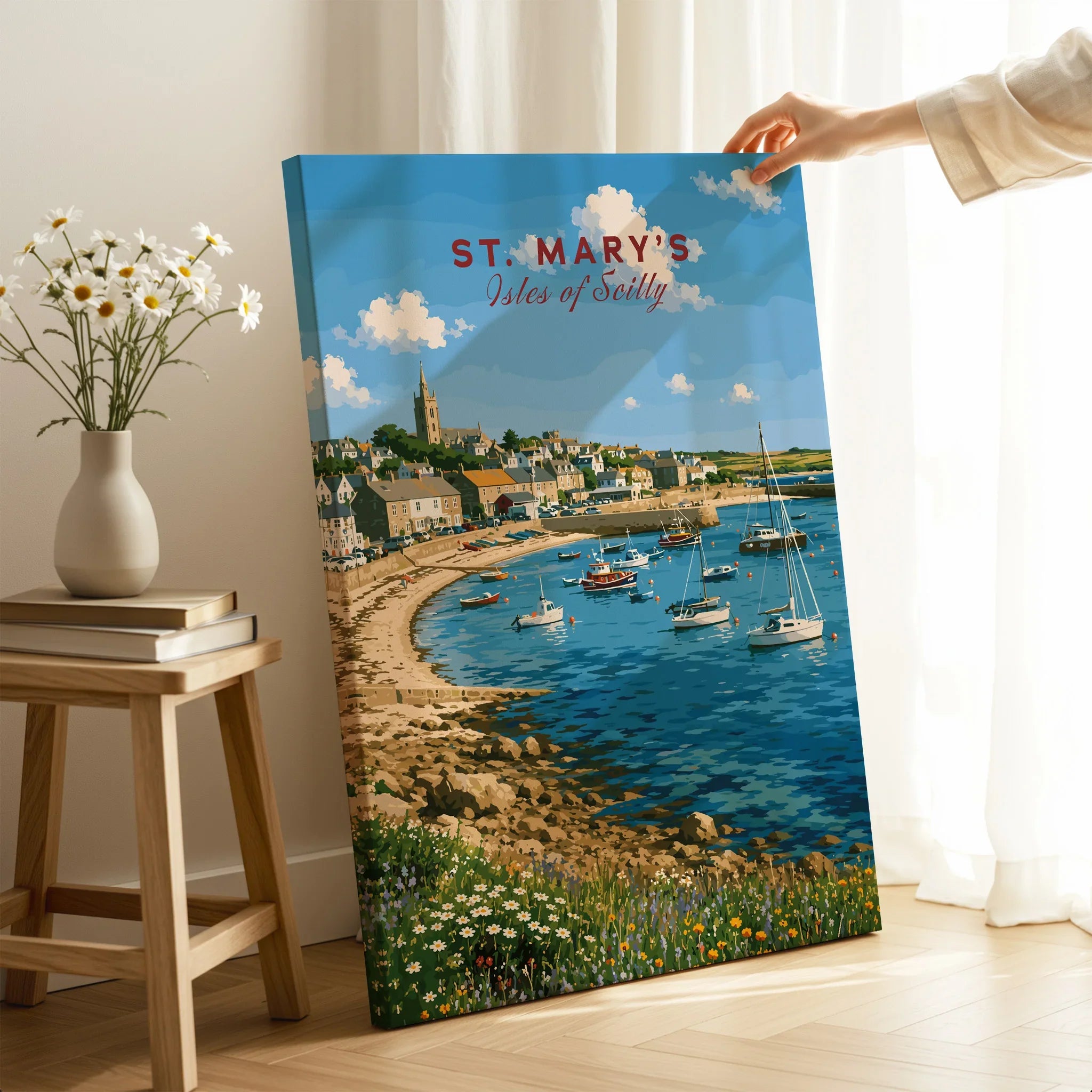 St Mary's Isles of Scilly Harbour Travel Poster — canvas print mirror edge hand holding room setting