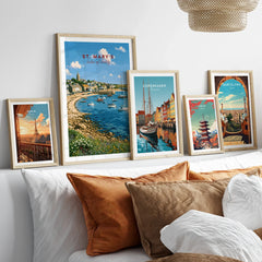 St Mary's Isles of Scilly Harbour Travel Poster — set five framed artprints above bed natural wood frames