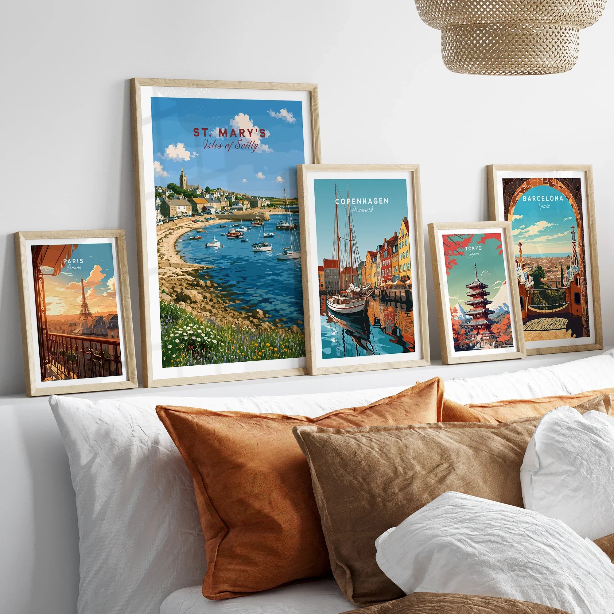 St Mary's Isles of Scilly Harbour Travel Poster — set five framed artprints above bed natural wood frames