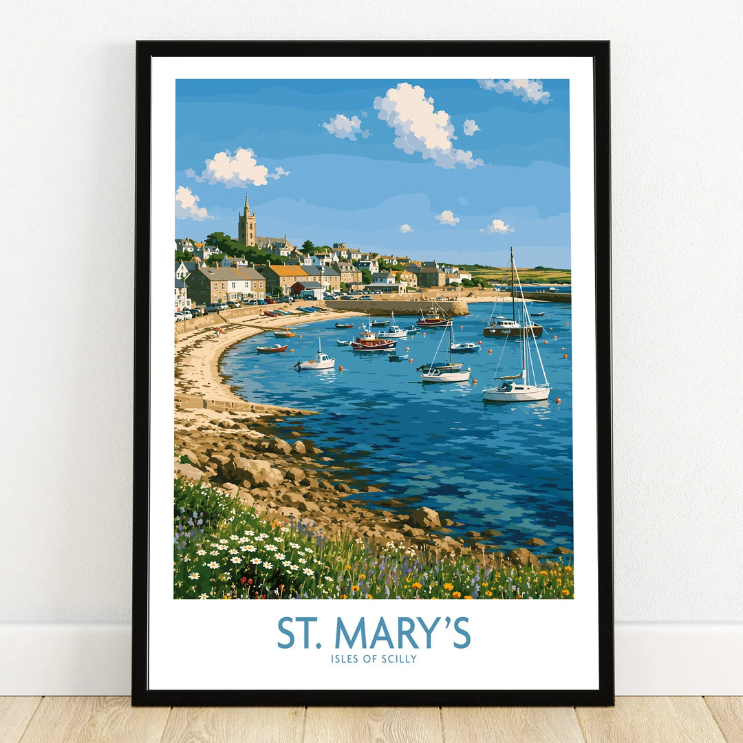 St Mary's Isles of Scilly Town Wall Art — art print in black frame on wooden floor