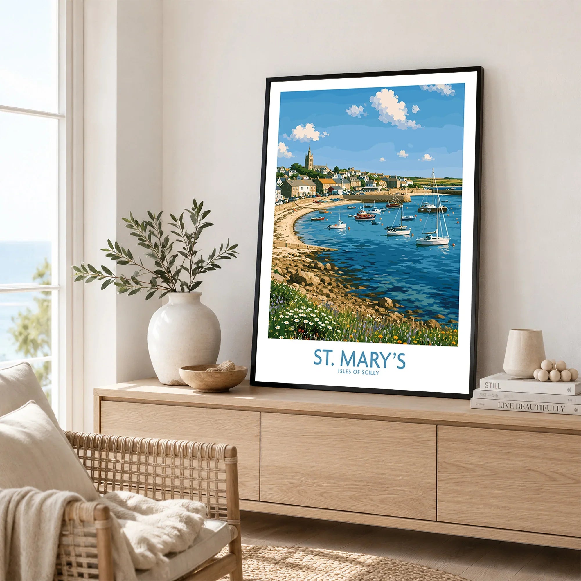St Mary's Isles of Scilly Town Wall Art — framed artwork living room lifestyle setting