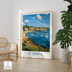 St Mary's Isles of Scilly Town Wall Art — large framed print room setting chair plant