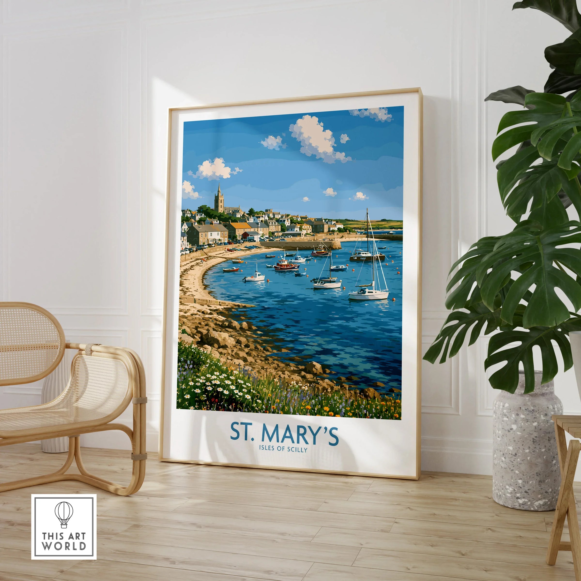 St Mary's Isles of Scilly Town Wall Art — large framed print room setting chair plant