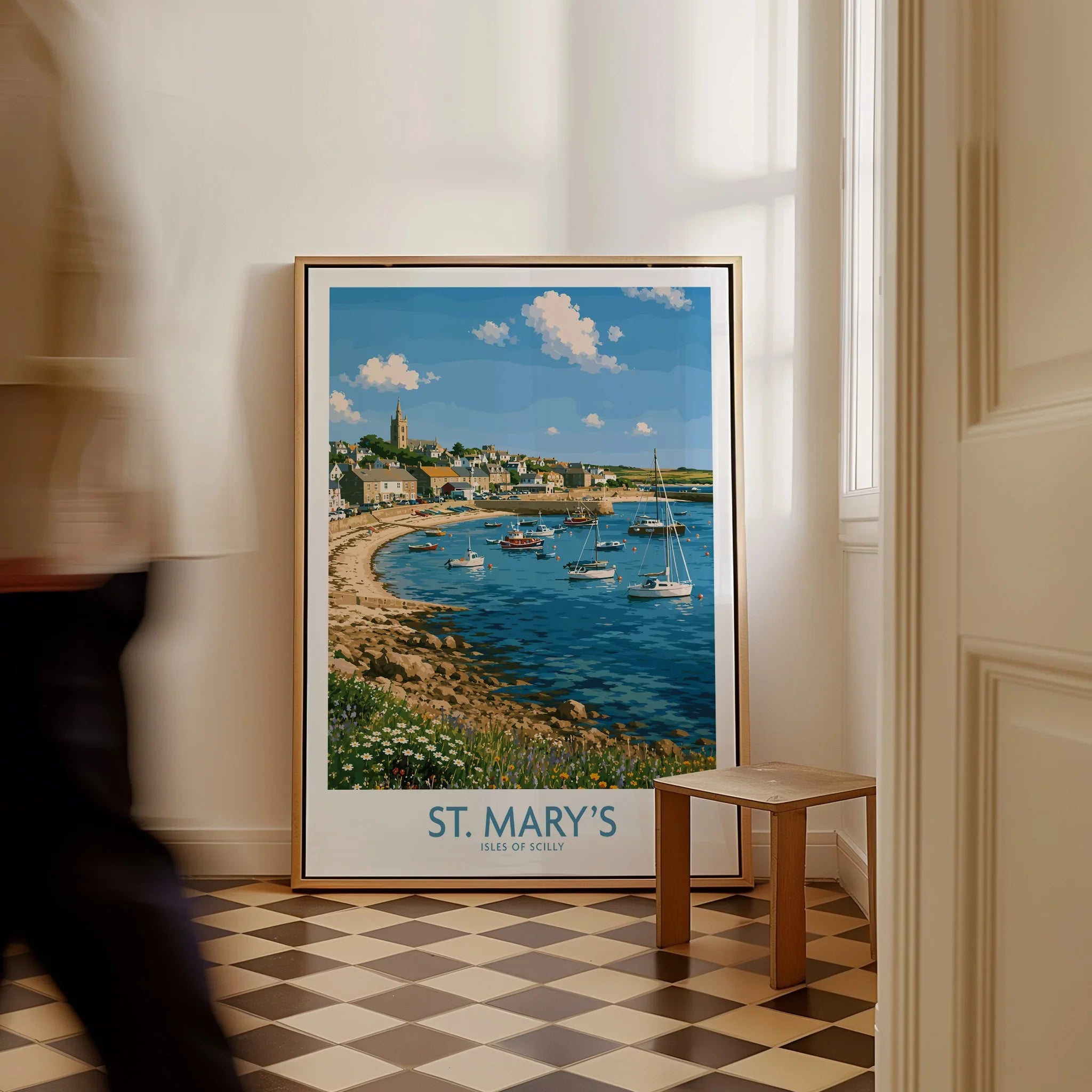 St Mary's Isles of Scilly Town Wall Art — framed canvas on floor man walking past