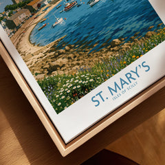 St Mary's Isles of Scilly Town Wall Art — closeup framed canvas natural wood floating frame