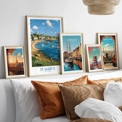 St Mary's Isles of Scilly Town Wall Art — set five framed artprints above bed natural wood frames