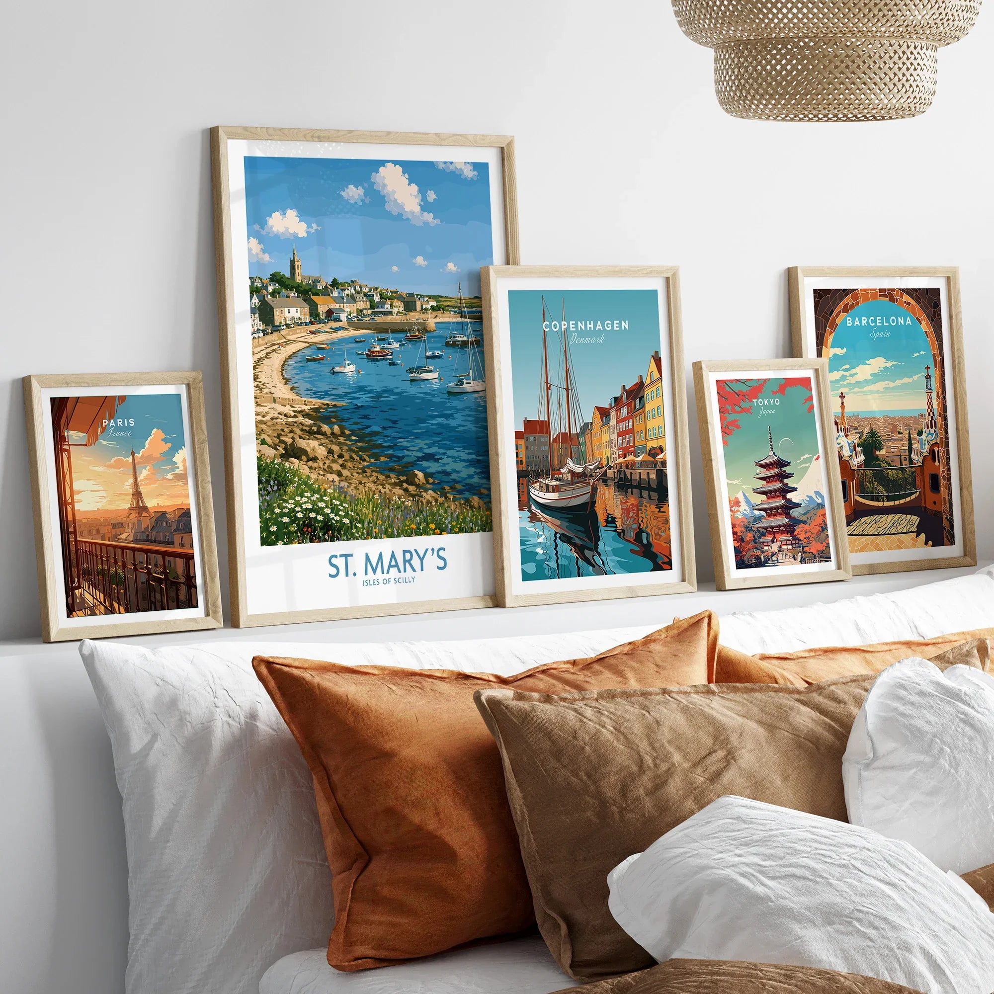 St Mary's Isles of Scilly Town Wall Art — set five framed artprints above bed natural wood frames