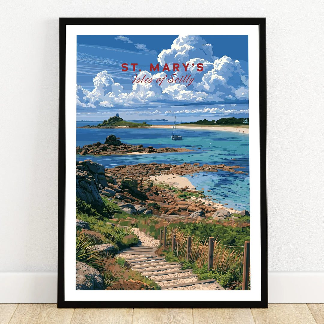 St Mary's Isles of Scilly Coast Path Travel Poster — art print in black frame on wooden floor