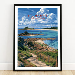 St Mary's Isles of Scilly Coast Path Travel Poster — art print in black frame on wooden floor