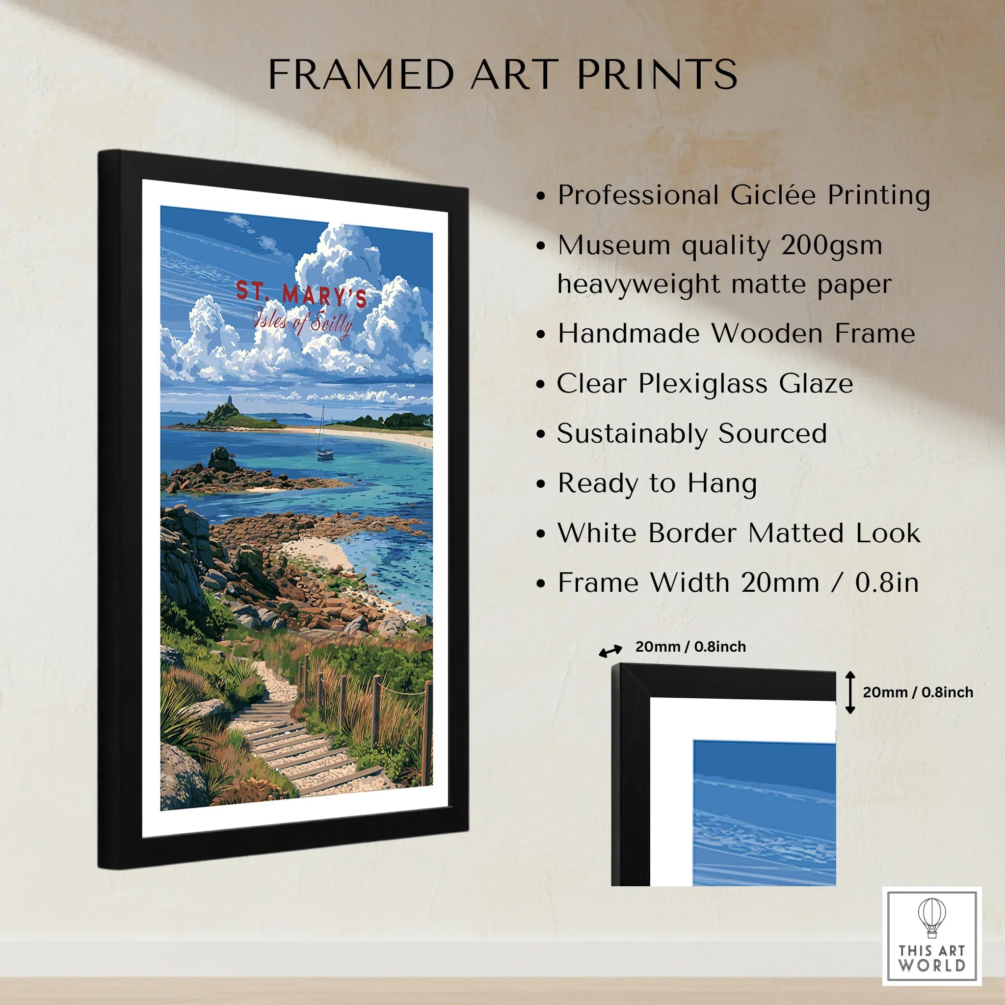 St Mary's Isles of Scilly Coast Path Travel Poster — framed print details measurements quality details