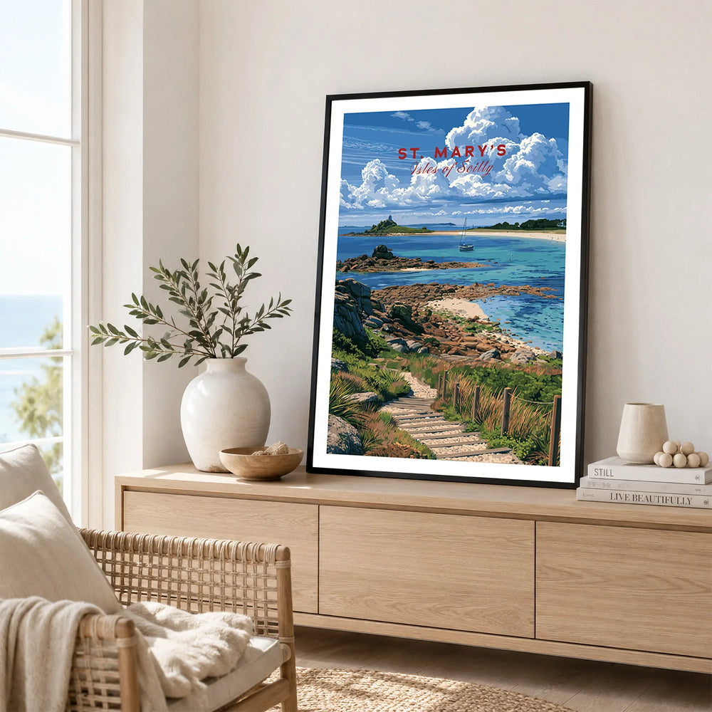 St Mary's Isles of Scilly Coast Path Travel Poster — framed artwork living room lifestyle setting