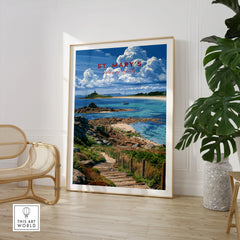 St Mary's Isles of Scilly Coast Path Travel Poster — large framed print room setting chair plant