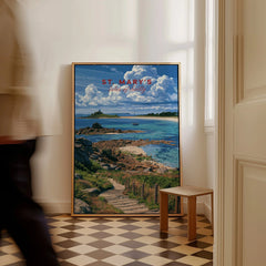 St Mary's Isles of Scilly Coast Path Travel Poster — framed canvas on floor man walking past