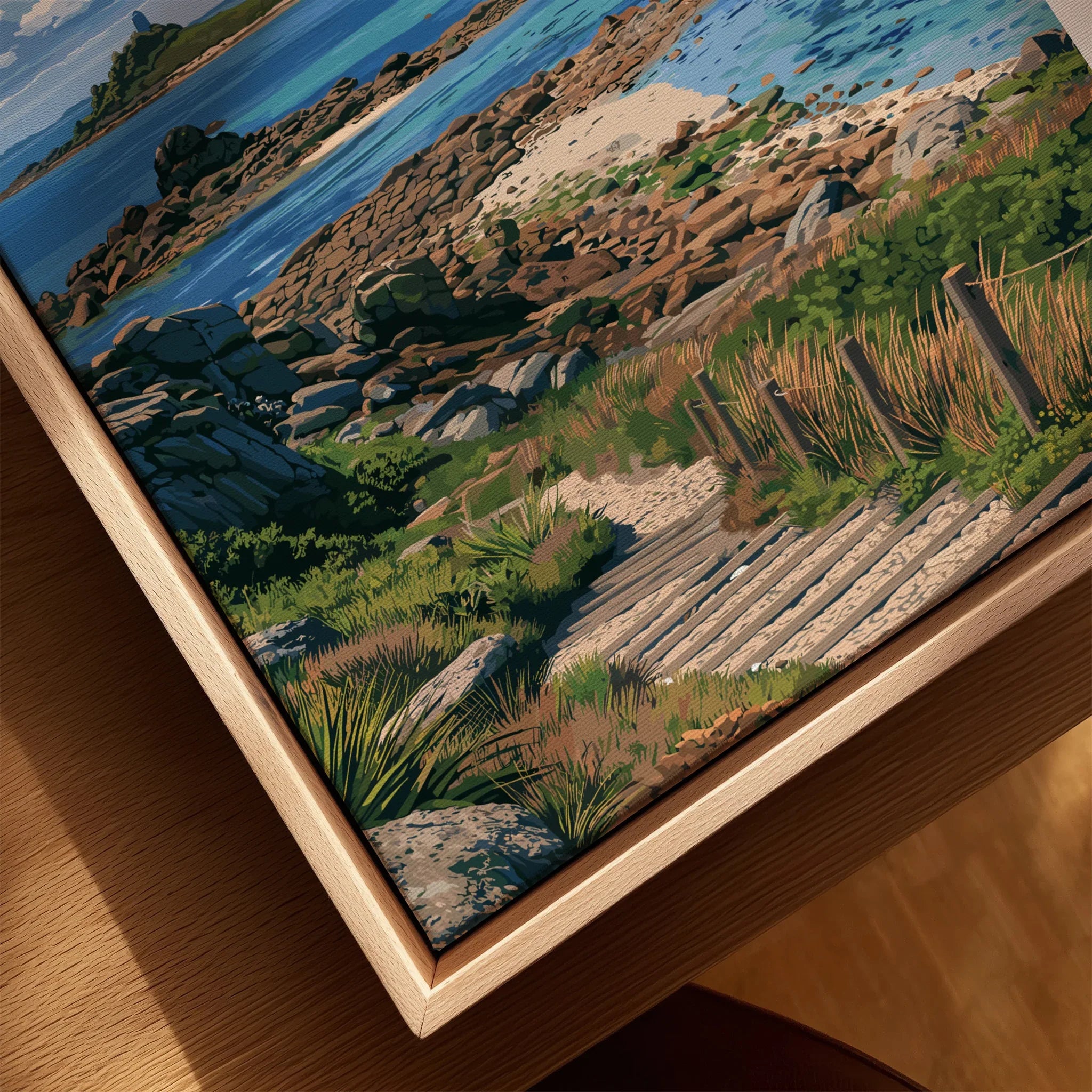 St Mary's Isles of Scilly Coast Path Travel Poster — closeup framed canvas natural wood floating frame