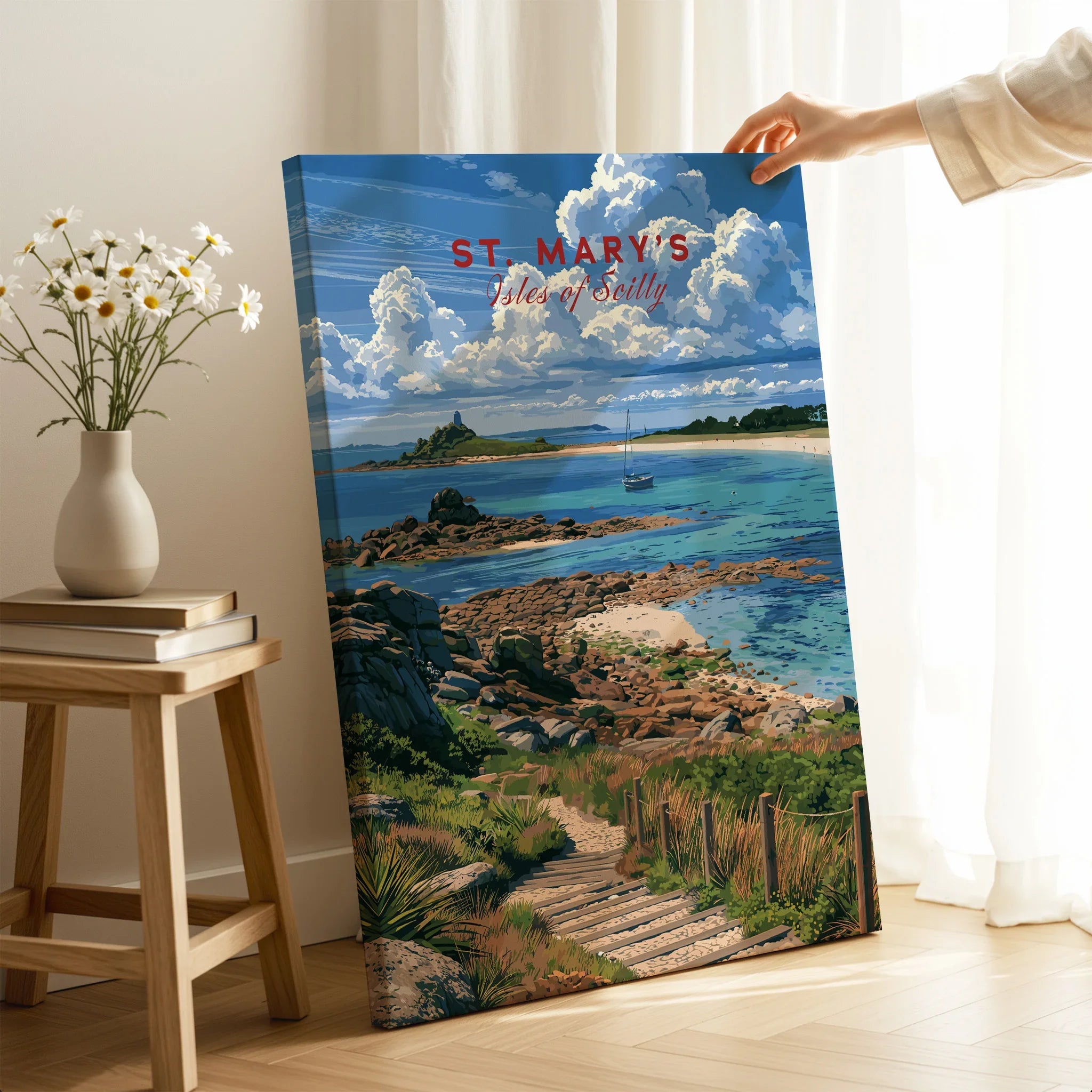 St Mary's Isles of Scilly Coast Path Travel Poster — canvas print mirror edge hand holding room setting