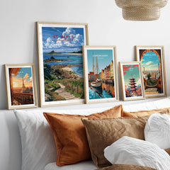 St Mary's Isles of Scilly Coast Path Travel Poster — set five framed artprints above bed natural wood frames