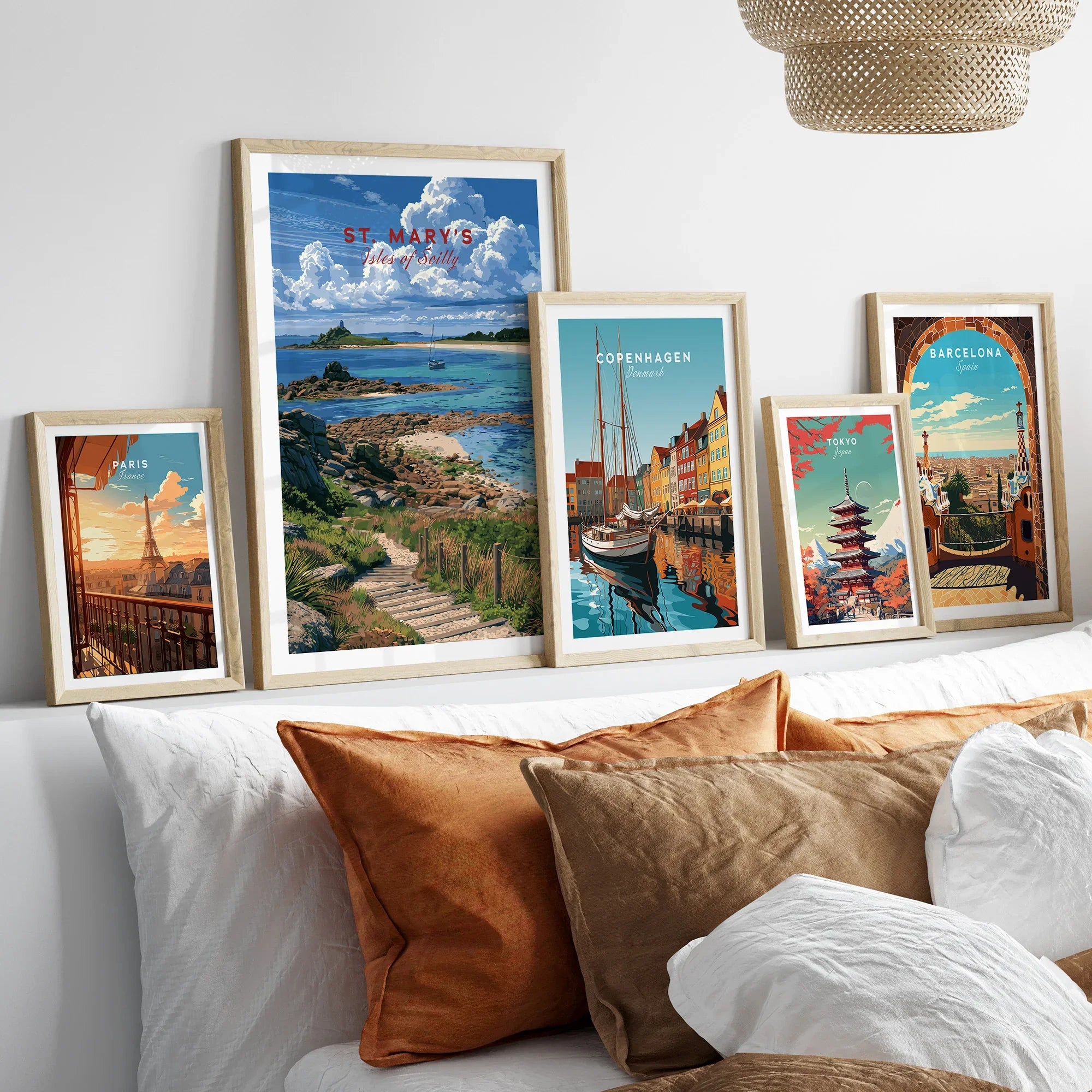 St Mary's Isles of Scilly Coast Path Travel Poster — set five framed artprints above bed natural wood frames