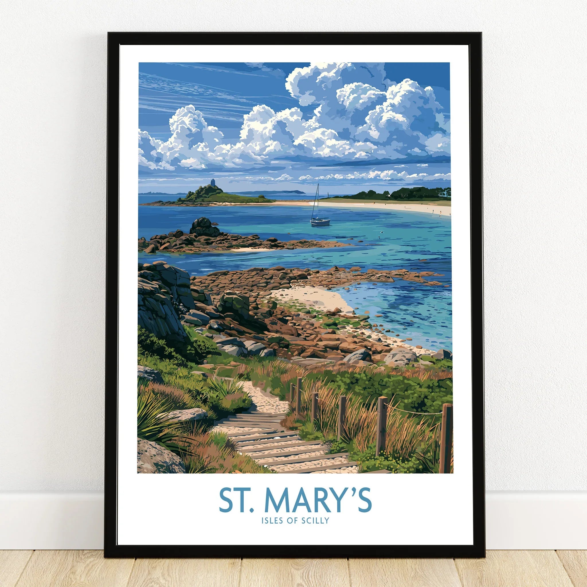 St Mary's Isles of Scilly Headland Wall Art — art print in black frame on wooden floor