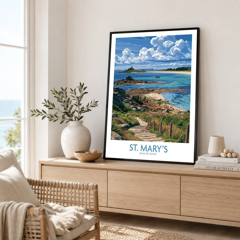St Mary's Isles of Scilly Headland Wall Art — framed artwork living room lifestyle setting