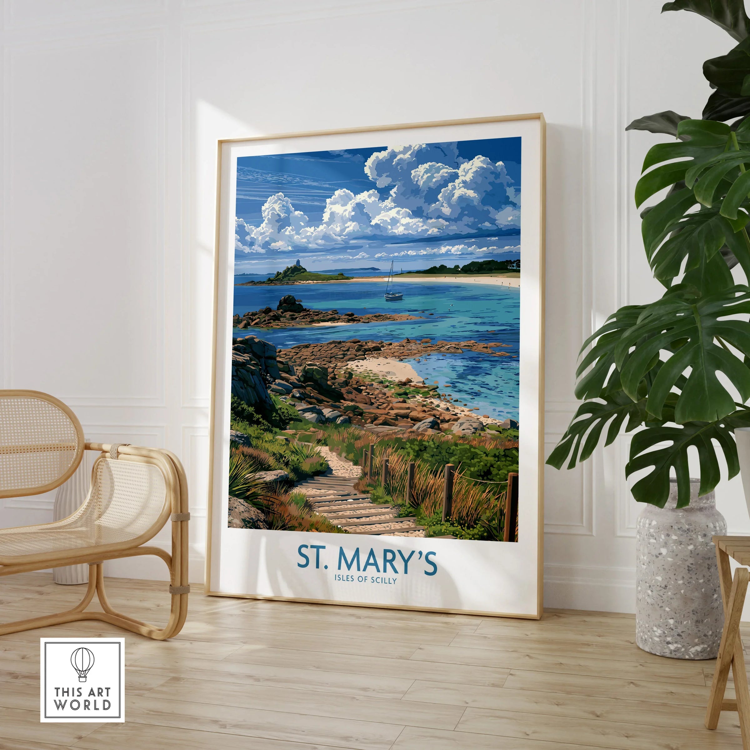 St Mary's Isles of Scilly Headland Wall Art — large framed print room setting chair plant