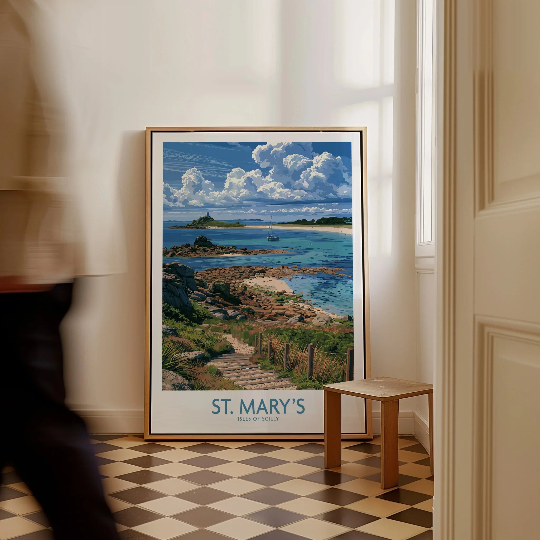 St Mary's Isles of Scilly Headland Wall Art — framed canvas on floor man walking past