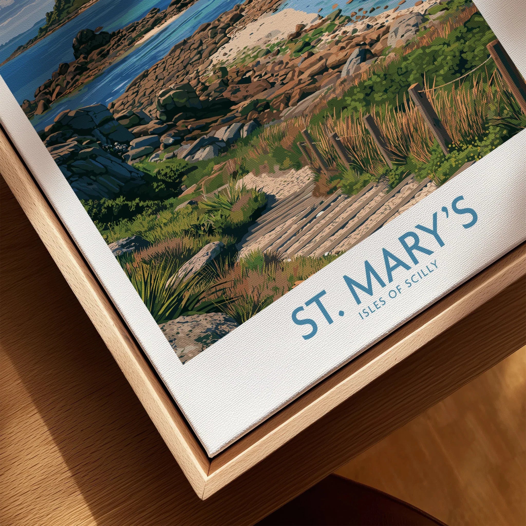 St Mary's Isles of Scilly Headland Wall Art — closeup framed canvas natural wood floating frame