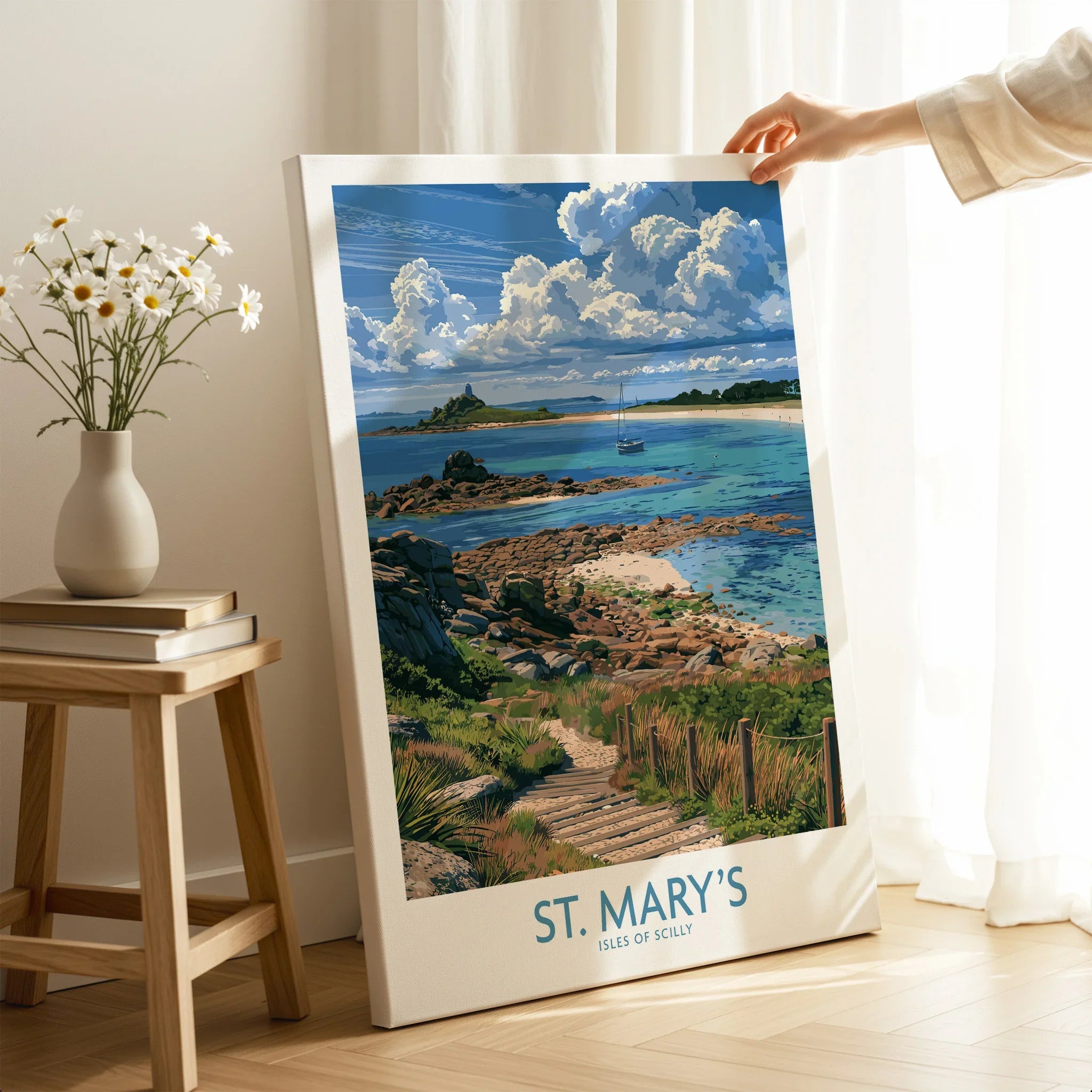 St Mary's Isles of Scilly Headland Wall Art — canvas print mirror edge hand holding room setting