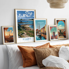 St Mary's Isles of Scilly Headland Wall Art — set five framed artprints above bed natural wood frames