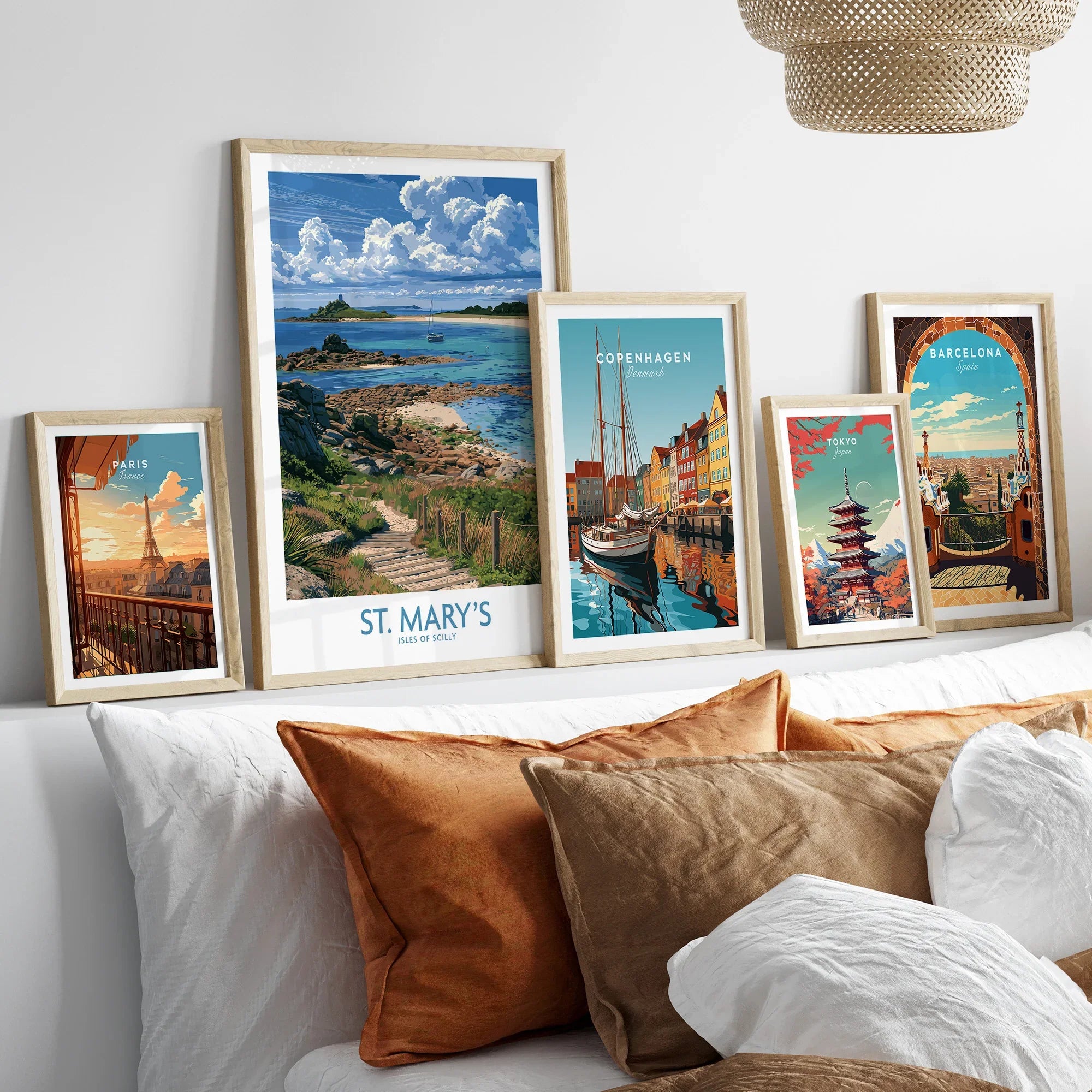St Mary's Isles of Scilly Headland Wall Art — set five framed artprints above bed natural wood frames