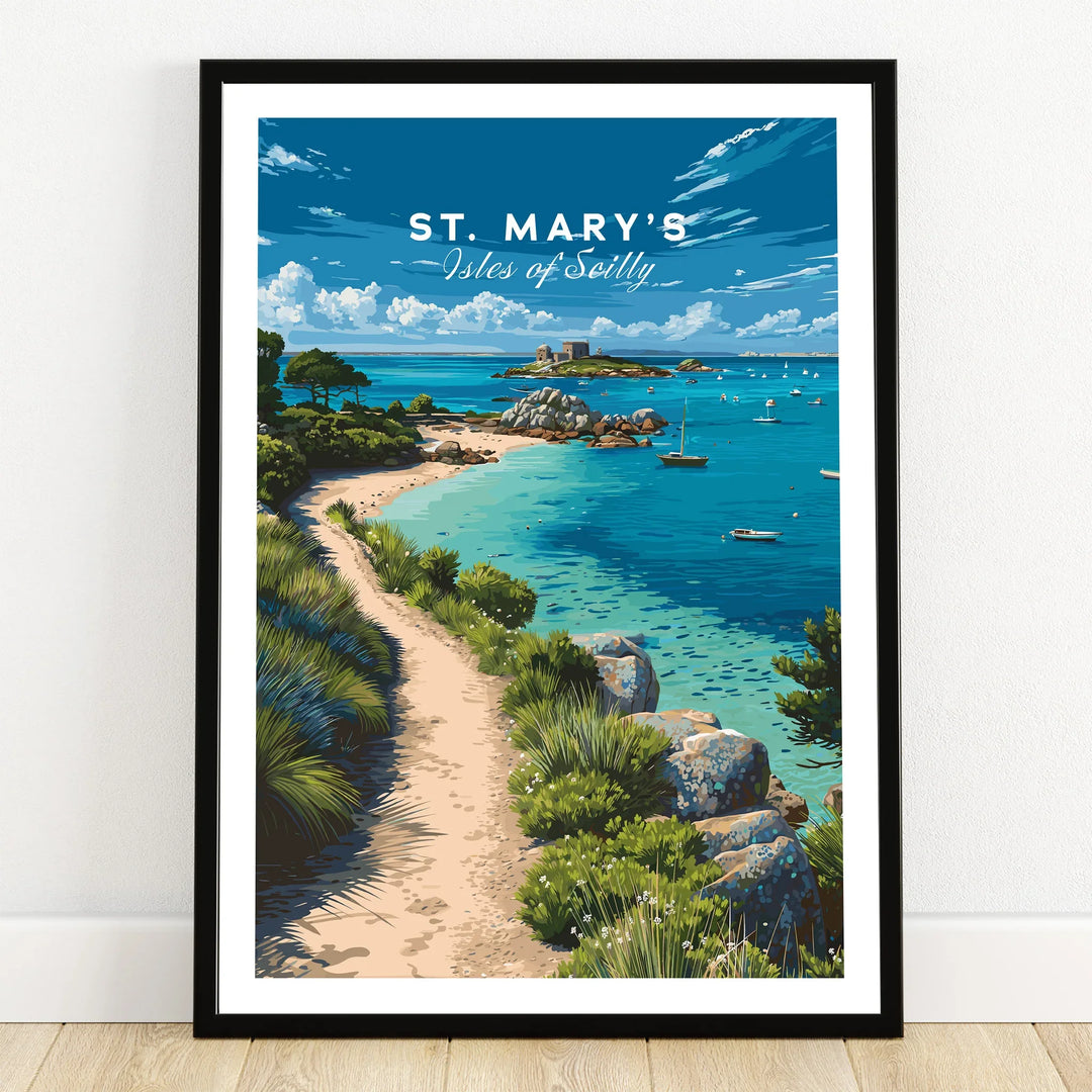 St Mary's Isles of Scilly Bay Travel Poster — art print in black frame on wooden floor